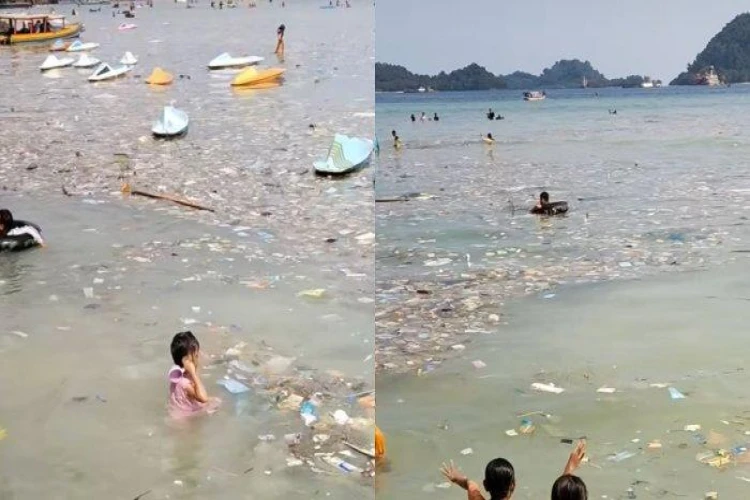 Penampakan Pantai Pasir Putih di Desa Rangai Tritunggal, Lampung Selatan yang dipenuhi sampah dan viral di media sosial.