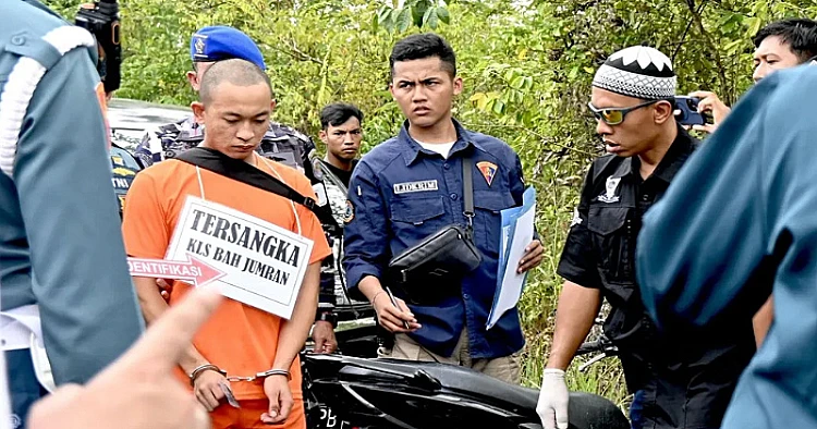 Potret oknum TNI AL Kelasi Satu Jumran tersangka pembunuhan jurnalis wanita saat rekonstruksi adegan di TKP