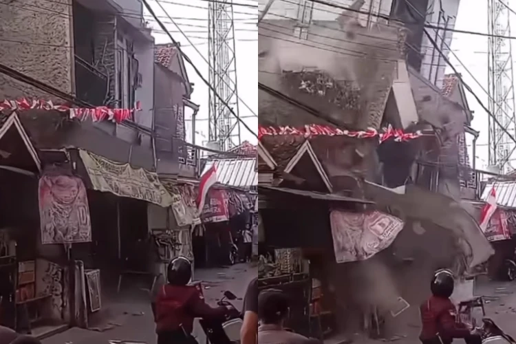 Rumah tiga lantai di Kampung Cilisung, Desa Sukamenak, Kecamatan Margahayu, Kabupaten Bandung ambruk.