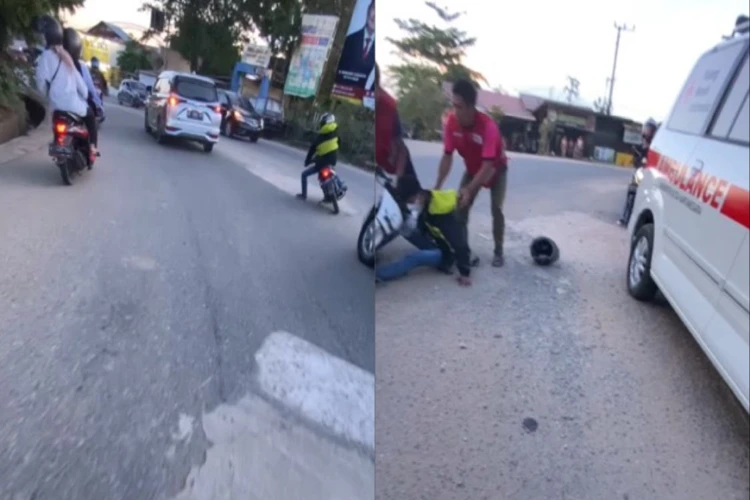 Viral detik-detik pengendara motor tergelincir dan jatuh usai berusaha menyalip mobil ambulans.