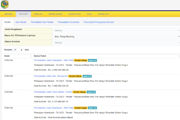 Tampilan depan laman website LPSE Parigi moutong