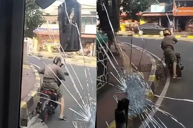 Aksi pengendara motor lempar batu ke kaca bus Transjakarta di Lenteng Agung viral di media sosial.