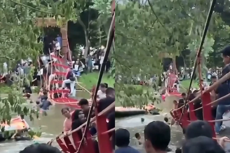 Jembatan Taman Cadika Medan ambruk karena diduga kelebihan muatan, seluruh pengunjung berhasil diselamatkan.