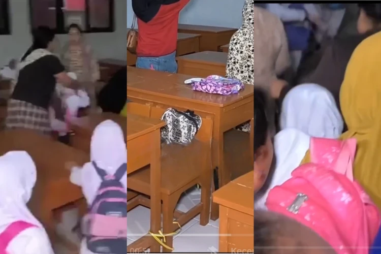 Emak-emak berebut kursi untuk sang anak pada hari pertama sekolah di SD Negeri 4 Kedokan Agung, Indramayu.