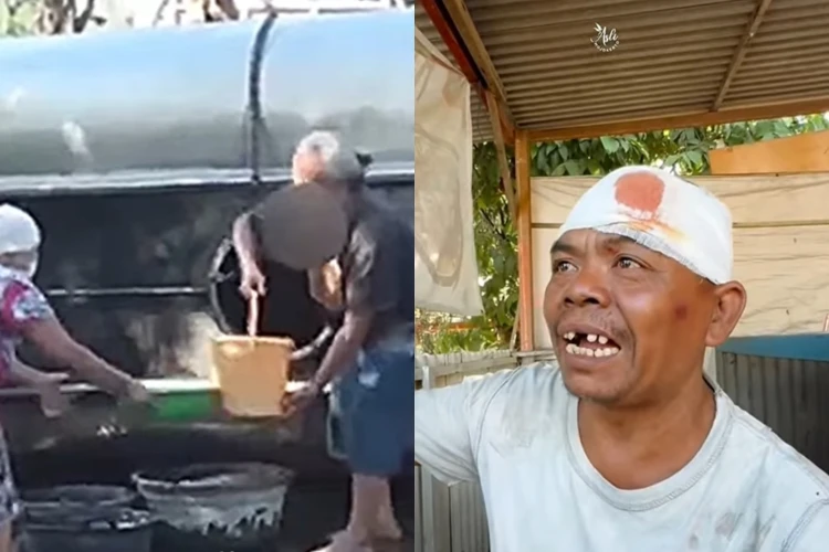 Sebuah video menayangkan kondisi pilu sopir truk tangki yang terguling di Mojokerto, Jawa Timur, pasrah melihat minyak goreng dijarah warga.