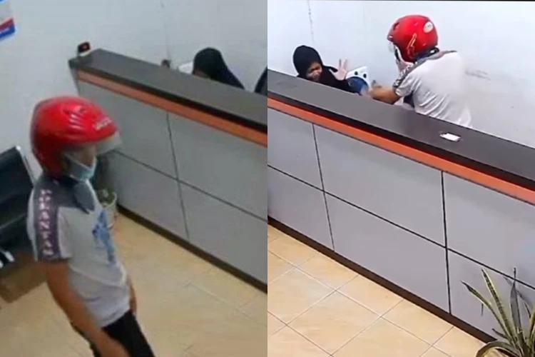 Pria berkaos Polantas merampok BRI Link di Riau, membawa kabur Rp 72 juta, aksinya viral di media sosial.
