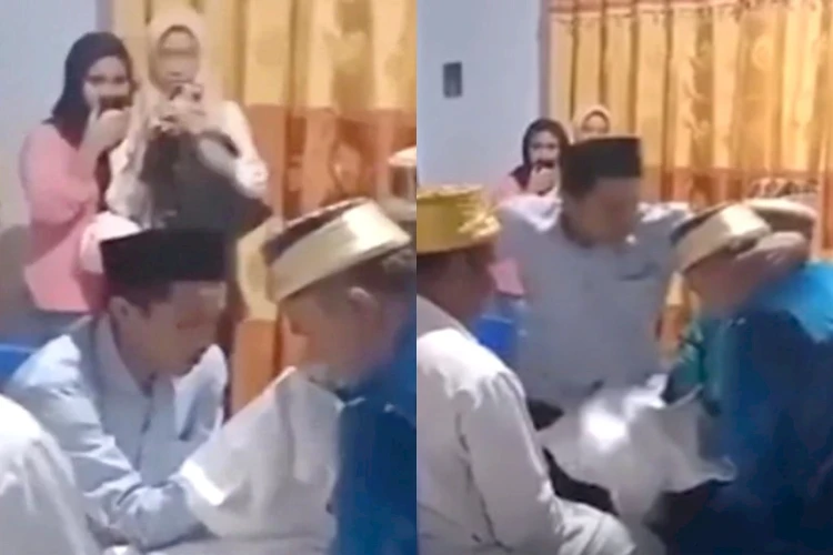 Wali nikah hajar mempelai pria di Maluku Utara setelah prosesi ijab kabul berlangsung.