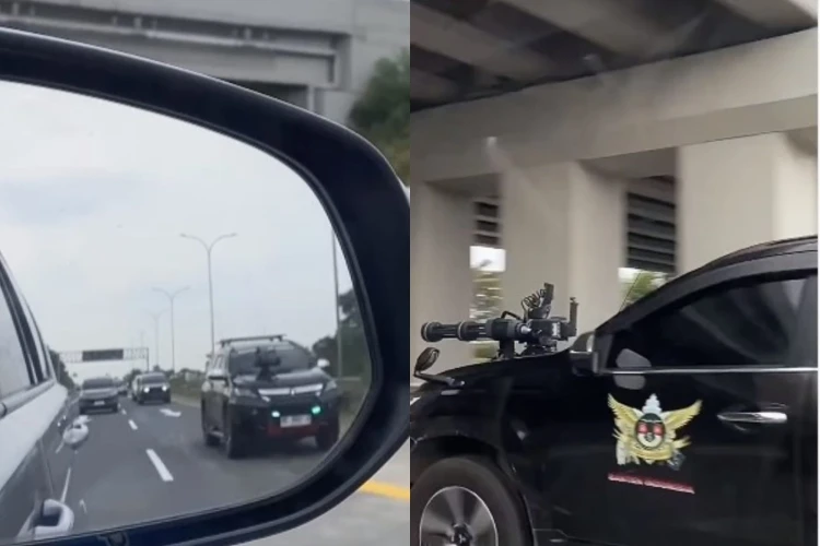 Aksi mobil pajero sport yang dipasangi aksesoris senapan mobil strobo di kap mobil viral di media sosial.