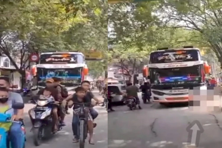 Seorang anak hampir terlindas truk saat mengiringi bus telolet dengan sepeda di Pasar Kemis Tangerang, Banten.