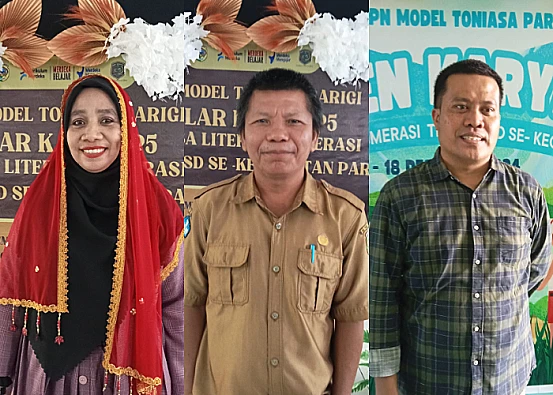 Ket Foto: Ketua Panpel P5 SMP Toniasa, Marfia An'arfa, S.Pd (Kanan), Kepsek SMP Toniasa Parigi, Jasiru Pandjaitan S.Pd M.P.Fis (tengah) dan Ibrahim SE Kepala bidang Dikdas Disdikbud Parigi Moutong