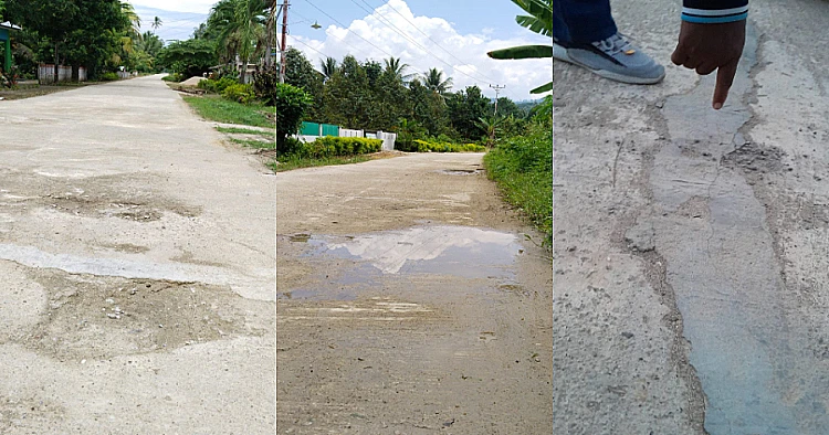Ket Foto: Kondisi terkini proyek Rabat Beton di Desa taopa Utara belum setahun sudah dalam kondisi rusak berat
