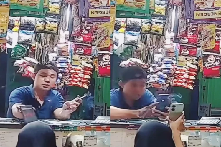 Tampang pelaku pejambret ini terekam jelas kamera CCTV saat melancarkan aksinya curi handphone penjaga warung saat berpura-pura jadi pembeli.
