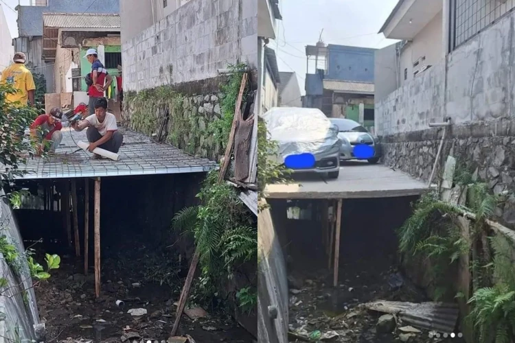 Aksi oknum warga Depok, Jawa Barat yang mengecor saluran air demi membangun garasi viral di media sosial.