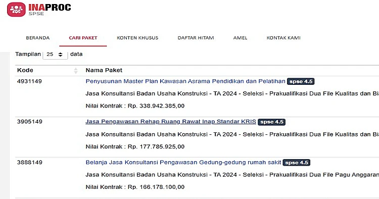 Ket Foto: Sejumlah paket jasa konsultan yang ditayangkan tender di laman website tahun 2024  lalu, salah satu dari paket tersebut saat ini dijadikan temuan BPK