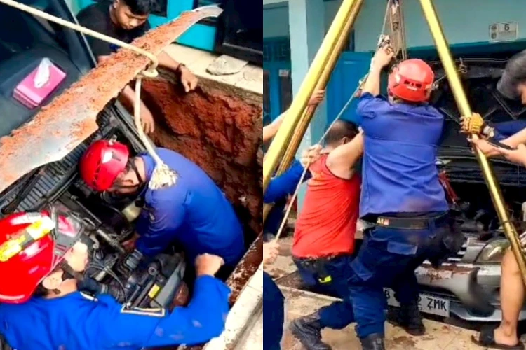 Petugas Damkar bergerak cepat evakuasi mobil di Depok yang kejeblos ke dalam septic tank.