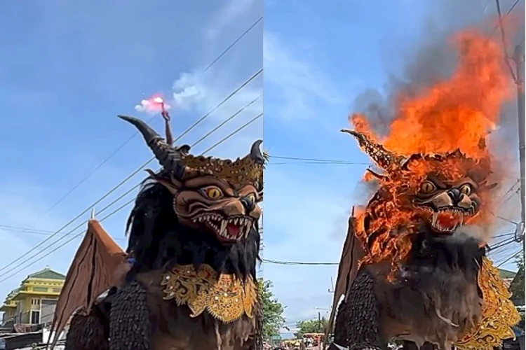Kebakaran ogoh-ogoh terjadi saat Karnaval Pondok Bambu di Desa Bunder, Kecamatan Susukan, Kabupaten Cirebon.