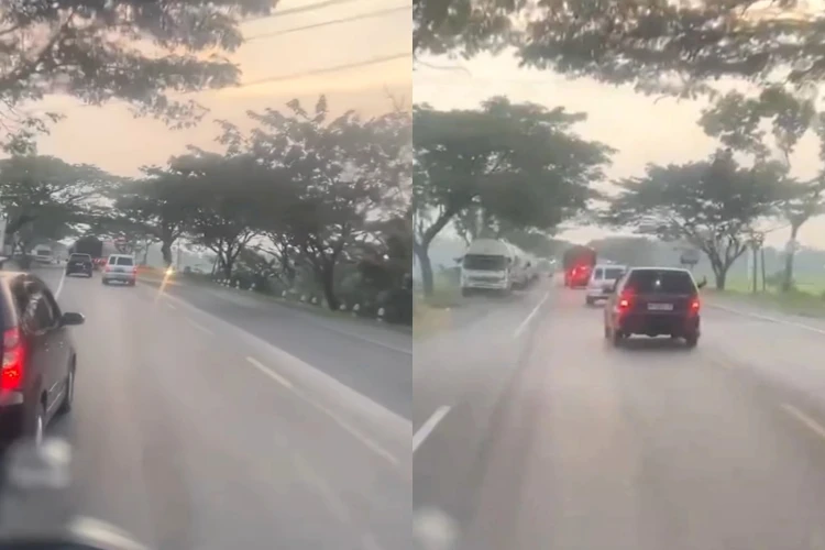 Seorang pengemudi mobil tertangkap kamera mengacungkan senjata tajam di jalanan Sambungmacan, Sragen.