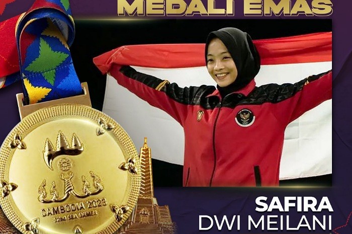 <p>Ket Foto: Foto Raihan medali emas untuk Indonesia di cabor Women Pencak Silat (Foto/Twitter/Kemenpora RI)</p>

