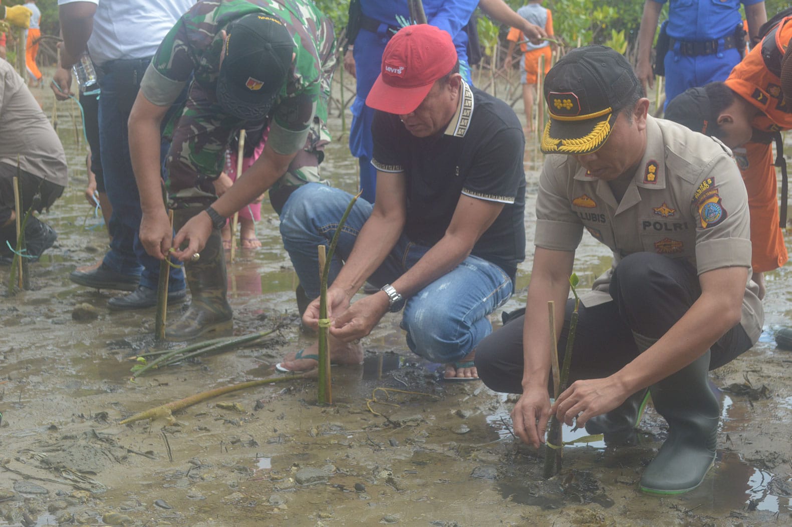 <p>Tanam 1000 Bibit Mangrove- Kapolres Parigi Moutong, AKBP Zulham Efendi Lubis didampingi Kepala Dinas Kelautan dan Perikanan (DKP) saat melakukan penanaman bibit mangrove secara simbolis di Desa Mertasari, Jumat 21 Februari 2020. GemasulawesiFoto/Roy L</p>

