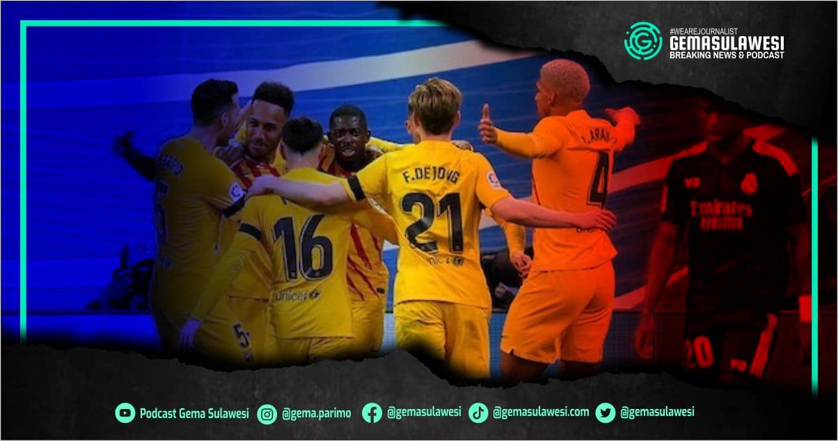 <p>Selebrasi skuad Barcelona untuk gol Pierre-Emerick Aubameyang ke gawang Real Madrid, La Liga 2021/22 © AP Photo</p>
