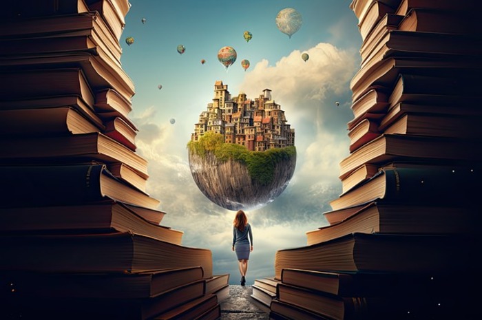 <p>Ket Foto: Ilustrasi foto seseorang yang sedang berjalan di tengah tumpukan buku (Foto/Pixabay/Introvert)	</p>
