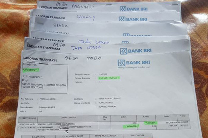 <p>Salah Satu Bukti cetak rekening koran dari praktik sunat dana PKH di Kecamatan Tinombo Selatan Parigi Moutong Sulteng (Foto: Idris Tjanaba).</p>
