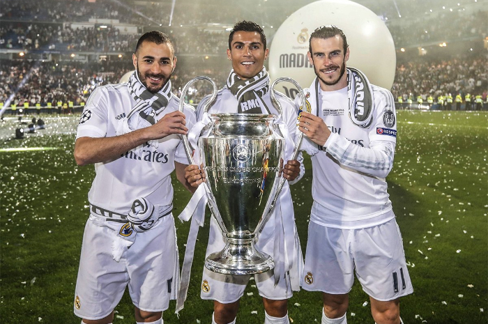 <p>Ket Foto: Foto trio fenomenal Real Madrid, Benzema, Bale dan Cristiano Ronaldo yang dikenal sebagai BBC (Foto/Twitter/@faktasepakbola)</p>
