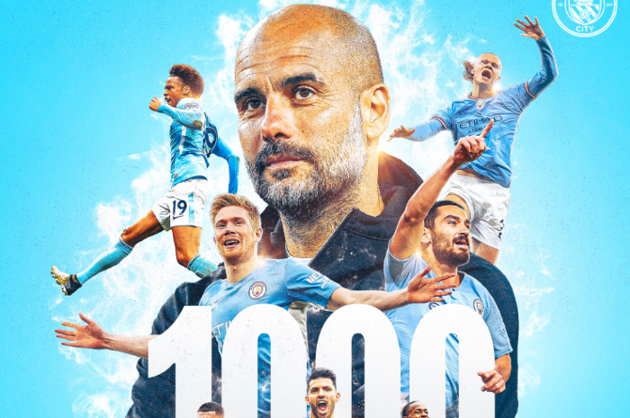 <p>Ket Foto: Foto poster Manchester City yang telah berhasil raih 1000 gol di bawah pelatih Pep Guardiola (Foto/Twitter/Manchester City)</p>
