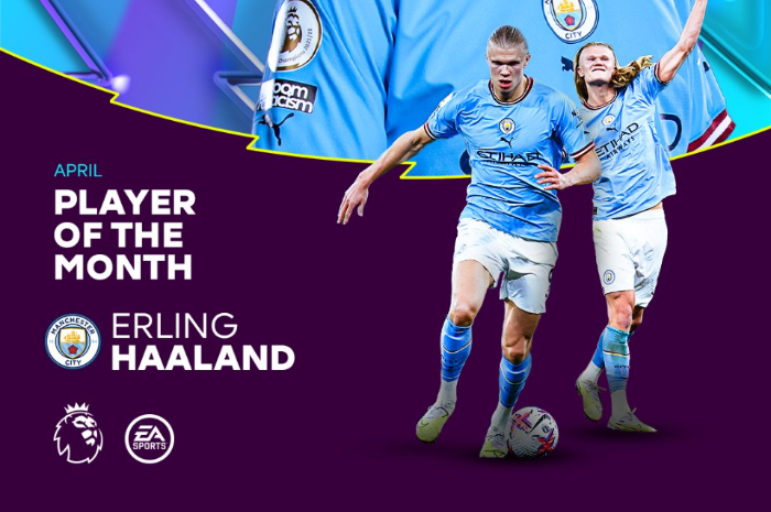 <p>Ket Foto: Foto striker andalan Manchester City, Erling Haaland yang berhasil raih POTM April (Foto/Twitter/Premier League)</p>
