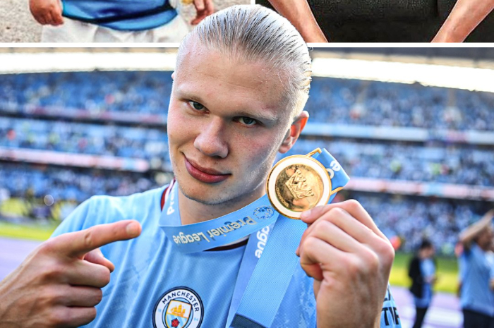 <p>Ket Foto: Foto Erling Haaland mendapatkan medali Premier League (Foto/Twitter/ESPN UK)</p>
