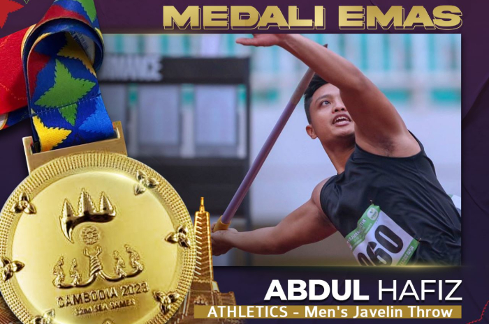 <p>Ket Foto: Foto peraihan medali emas cabang Javelin Throw oleh perwakilan Indonesia, Abdul Hafiz di Sea Games 2023 (Foto/Twitter/Kemenpora RI)</p>
