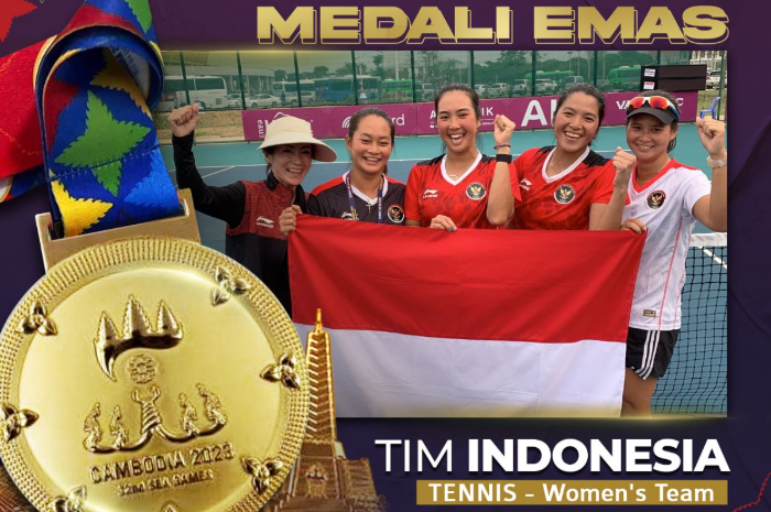 <p>Ket Foto: Foto peraihan medali emas cabang Tenis Women Team oleh perwakilan Indonesia di Sea Games 2023 (Foto/Twitter/Kemenpora RI)</p>

