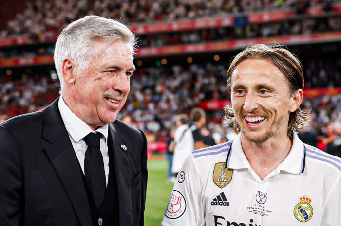 <p>Ket Foto: Foto pelatih dan pemain Real Madrid di lapangan, Carlo Ancelotti dan Luka Modric (Foto/Twitter/Real Madrid CF)</p>
