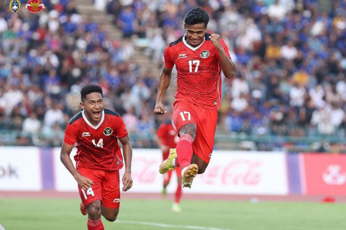 <p>Ket. Foto: Para pemain Timnas Indonesia U-22 merayakan gol, saat melawan Filipina di SEA Games 2023 (Foto/Instagram/@pssi)</p>
