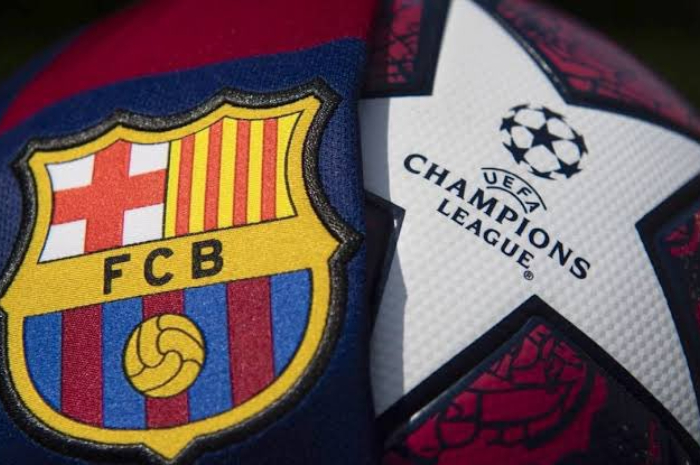 <p>Ket Foto: Foto Lambang klub Barcelona dan UEFA (Foto/Twitter/@box2boxbola)</p>

