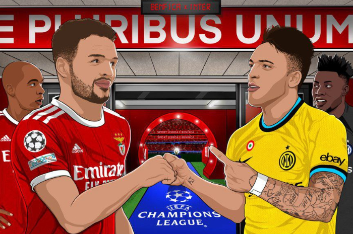 <p>Ket. Foto: Sketsa duel pertandingan antara pemain Benfica dengan Inter Milan di Liga Champions (Foto/Twitter/@Inter)</p>
