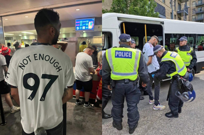 <p>Ket Foto: Foto supporter Manchester United yang ditangkap pihak kepolisian karena lakukan tindakan provokatif (Foto/Twitter/@faktasepakbola)</p>
