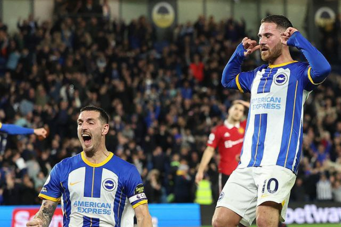 <p>Ket. Foto: Para pemain Brighton saat merayakan gol, dalam pertandingan menantang Manchester United di Liga Premier (Foto/Instagram/@officialbhafc)</p>
