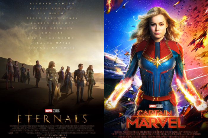 <p>Ket. Foto: Poster Film Eternals dan Captain Marvel (Foto/Pinterest)</p>
