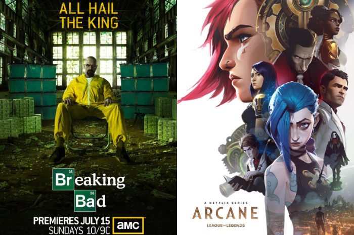 <p>Ket. Foto: 7 Deretan Serial Terbaik di Netflix, Poster Serial Breaking Bad dan Arcane (Foto/Pinterest)</p>

