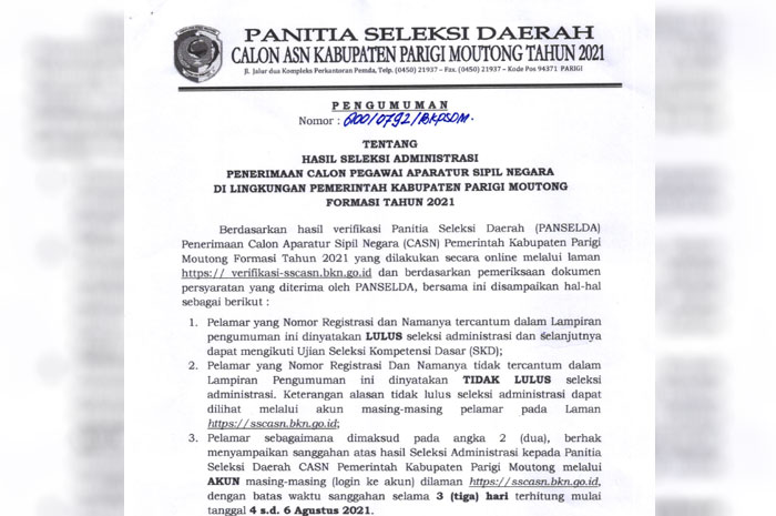 <p>Foto: Pengumuman Seleksi Administrasi CPNS Parigi Moutong 2021.</p>
