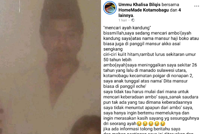 <p>Ket Foto: Postingan Ummu Khalisa Bilqis dalam mencari ayahnya (Foto/Facebook Ummu Khalisa Bilqis)</p>
