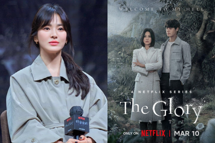 <p>Ket. Foto: Song Hye Kyo di Konferensi Pers Drama The Glory 2 dan Poster Drama The Glory 2 di Netflix (Foto/Instagram dan Pinterest/@kdramanews.id)</p>
