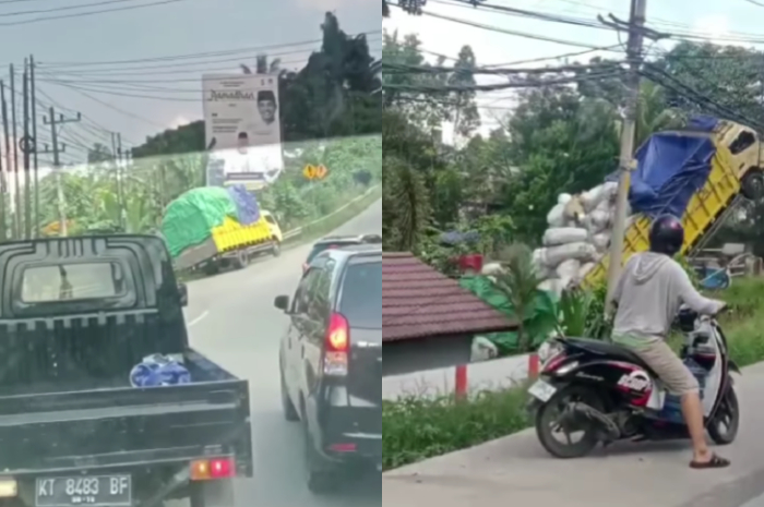 <p>Ket Foto: Mobil truk bermuatan 8 ton besi dan barang bekas terseret di Samarinda (Foto/Instagram/@terang_media)</p>
