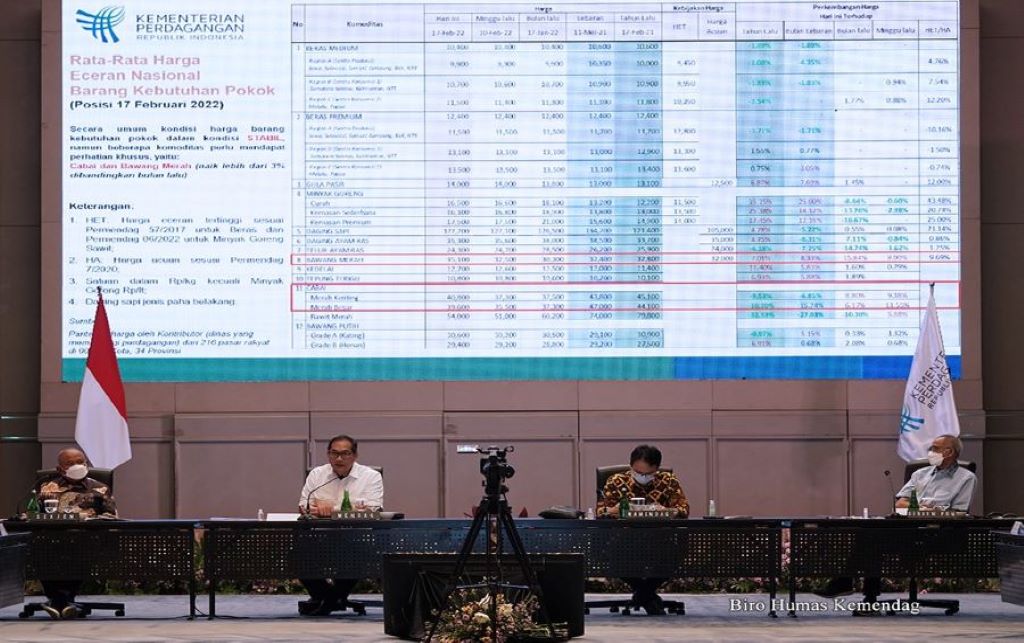 <p>Ket Foto: Kementerian Perdagangan menggelar Rapat Koordinasi Nasional  Stabilisasi Harga dan Ketersediaan Pasokan Barang Kebutuhan Pokok Menjelang Puasa dan Lebaran 2022/1443 H di Surabaya, Jawa Timur, Jumat (18/2/2022). Rapat dipimpin Menteri Perdagangan, Muhammad Lutfi dihadiri jajaran Kemendag. (Foto: Kemendag)</p>
